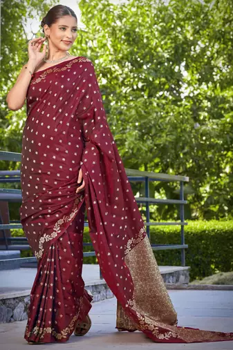banarasi satin silk blend woven dark maroon saree with heavy jacquard work saree with blouse piece