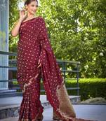 banarasi satin silk blend woven dark maroon saree with heavy jacquard work saree with blouse piece