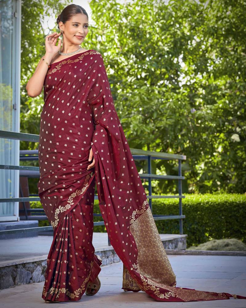 banarasi satin silk blend woven dark maroon saree with heavy jacquard work saree with blouse piece