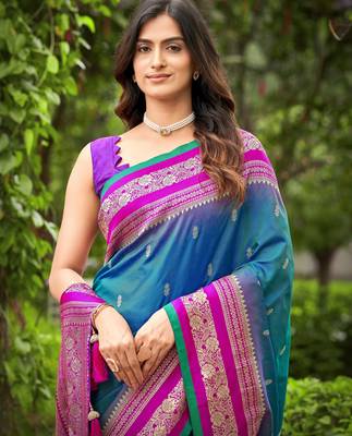 banarasi satin silk blend woven deep blue & pink saree with heavy jacquard work saree with blouse piece 3