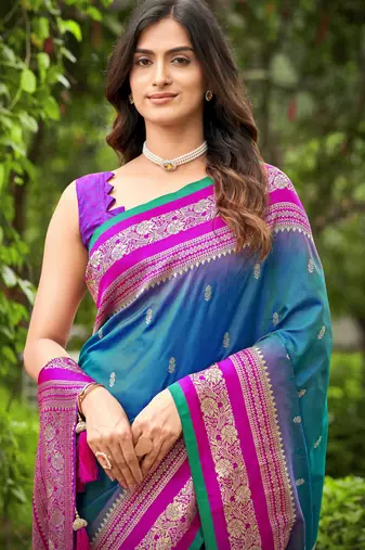 banarasi satin silk blend woven deep blue & pink saree with heavy jacquard work saree with blouse piece