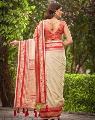 banarasi satin silk blend woven creamy beige & red saree with heavy jacquard work saree with blouse piece 2