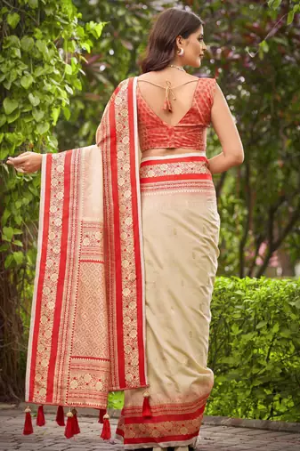 banarasi satin silk blend woven creamy beige & red saree with heavy jacquard work saree with blouse piece
