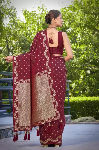 banarasi satin silk blend woven dark maroon saree with heavy jacquard work saree with blouse piece