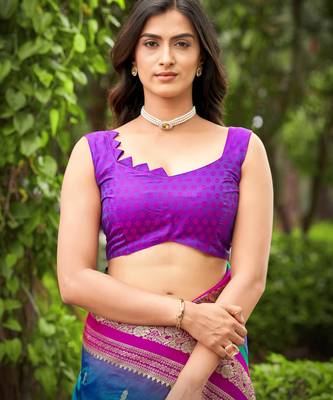 banarasi satin silk blend woven deep blue & pink saree with heavy jacquard work saree with blouse piece 4