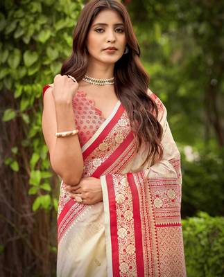 banarasi satin silk blend woven creamy beige & red saree with heavy jacquard work saree with blouse piece 3