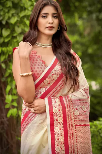 banarasi satin silk blend woven creamy beige & red saree with heavy jacquard work saree with blouse piece