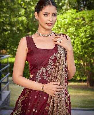 banarasi satin silk blend woven dark maroon saree with heavy jacquard work saree with blouse piece 3