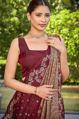 banarasi satin silk blend woven dark maroon saree with heavy jacquard work saree with blouse piece