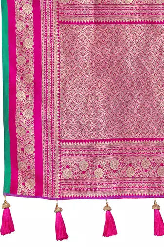 banarasi satin silk blend woven deep blue & pink saree with heavy jacquard work saree with blouse piece