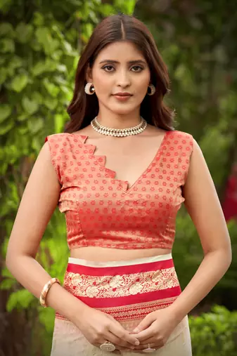 banarasi satin silk blend woven creamy beige & red saree with heavy jacquard work saree with blouse piece