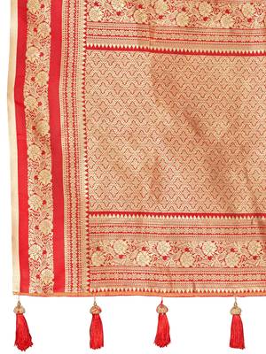 banarasi satin silk blend woven creamy beige & red saree with heavy jacquard work saree with blouse piece 5