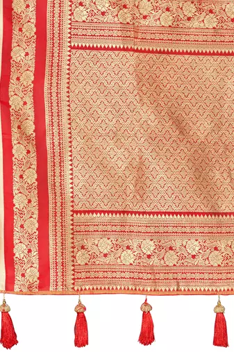 banarasi satin silk blend woven creamy beige & red saree with heavy jacquard work saree with blouse piece