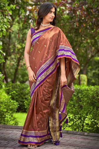 banarasi satin silk blend woven orange brown & purple saree with heavy jacquard work saree with blouse piece