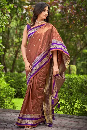banarasi satin silk blend woven orange brown & purple saree with heavy jacquard work saree with blouse piece