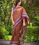 banarasi satin silk blend woven orange brown & purple saree with heavy jacquard work saree with blouse piece