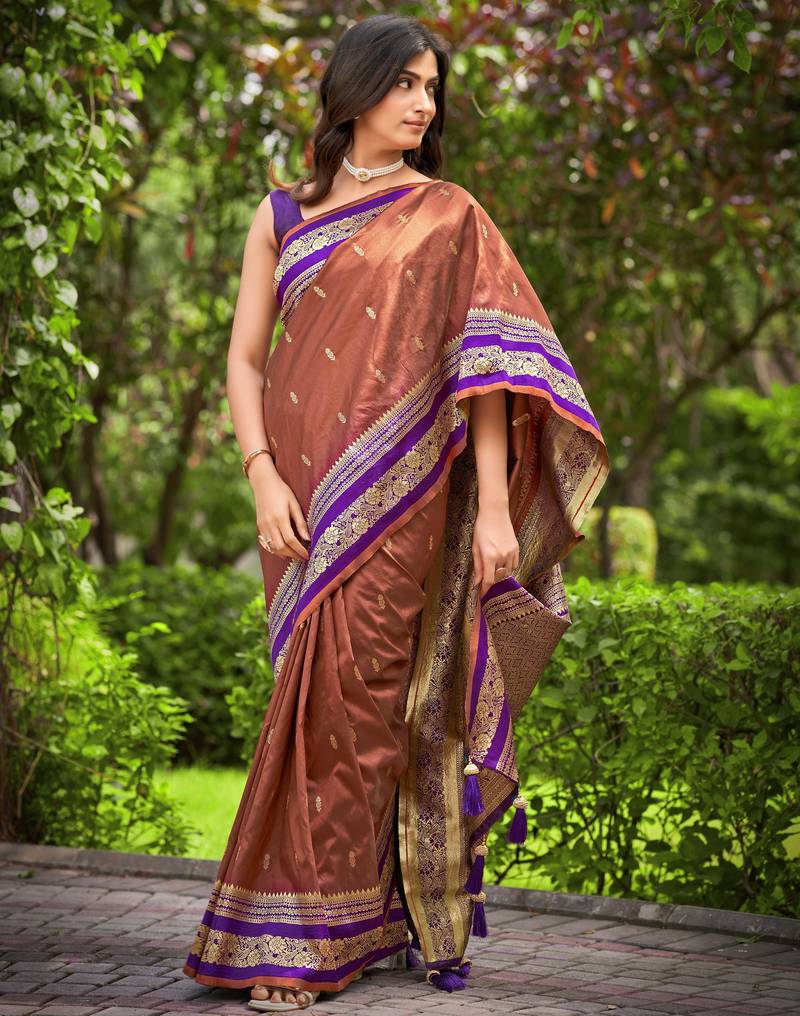banarasi satin silk blend woven orange brown & purple saree with heavy jacquard work saree with blouse piece