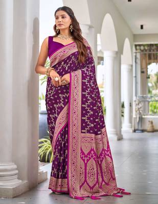 banarasi satin silk blend woven wine purple & dark pink saree with heavy jacquard work saree with blouse piece 1