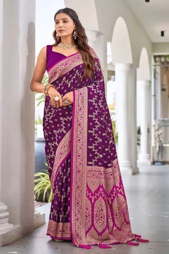 banarasi satin silk blend woven wine purple & dark pink saree with heavy jacquard work saree with blouse piece