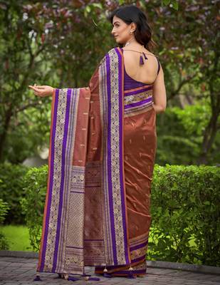 banarasi satin silk blend woven orange brown & purple saree with heavy jacquard work saree with blouse piece 2