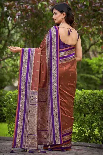 banarasi satin silk blend woven orange brown & purple saree with heavy jacquard work saree with blouse piece