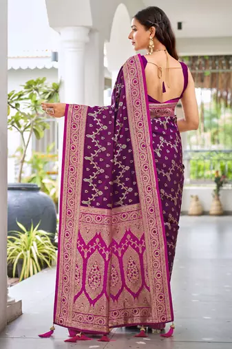 banarasi satin silk blend woven wine purple & dark pink saree with heavy jacquard work saree with blouse piece
