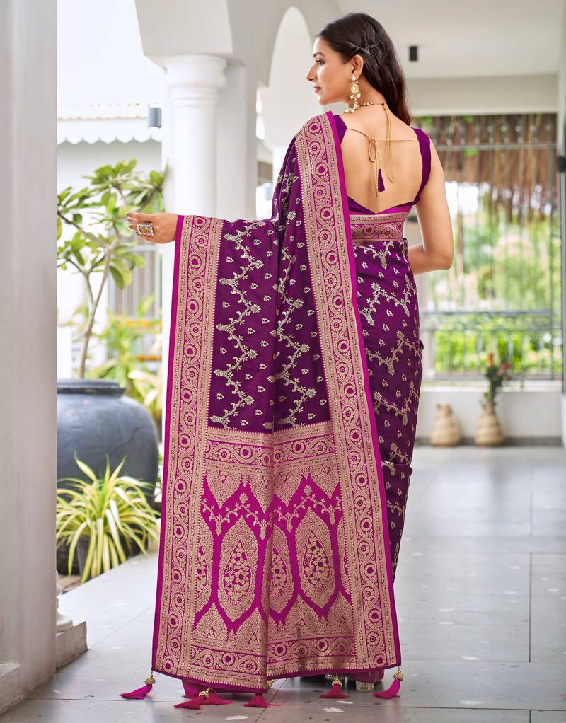 banarasi satin silk blend woven wine purple & dark pink saree with heavy jacquard work saree with blouse piece