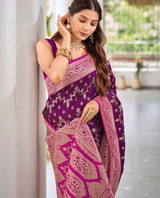 banarasi satin silk blend woven wine purple & dark pink saree with heavy jacquard work saree with blouse piece 3