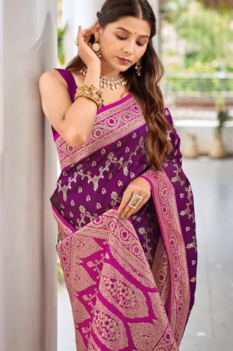 banarasi satin silk blend woven wine purple & dark pink saree with heavy jacquard work saree with blouse piece