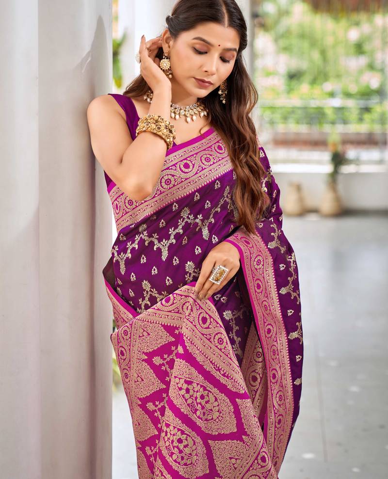 banarasi satin silk blend woven wine purple & dark pink saree with heavy jacquard work saree with blouse piece