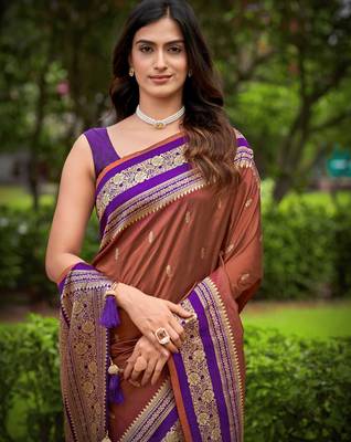 banarasi satin silk blend woven orange brown & purple saree with heavy jacquard work saree with blouse piece 3