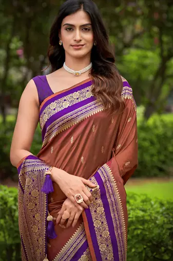 banarasi satin silk blend woven orange brown & purple saree with heavy jacquard work saree with blouse piece