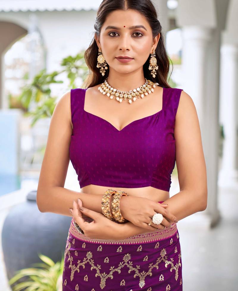 banarasi satin silk blend woven wine purple & dark pink saree with heavy jacquard work saree with blouse piece