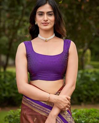 banarasi satin silk blend woven orange brown & purple saree with heavy jacquard work saree with blouse piece 4