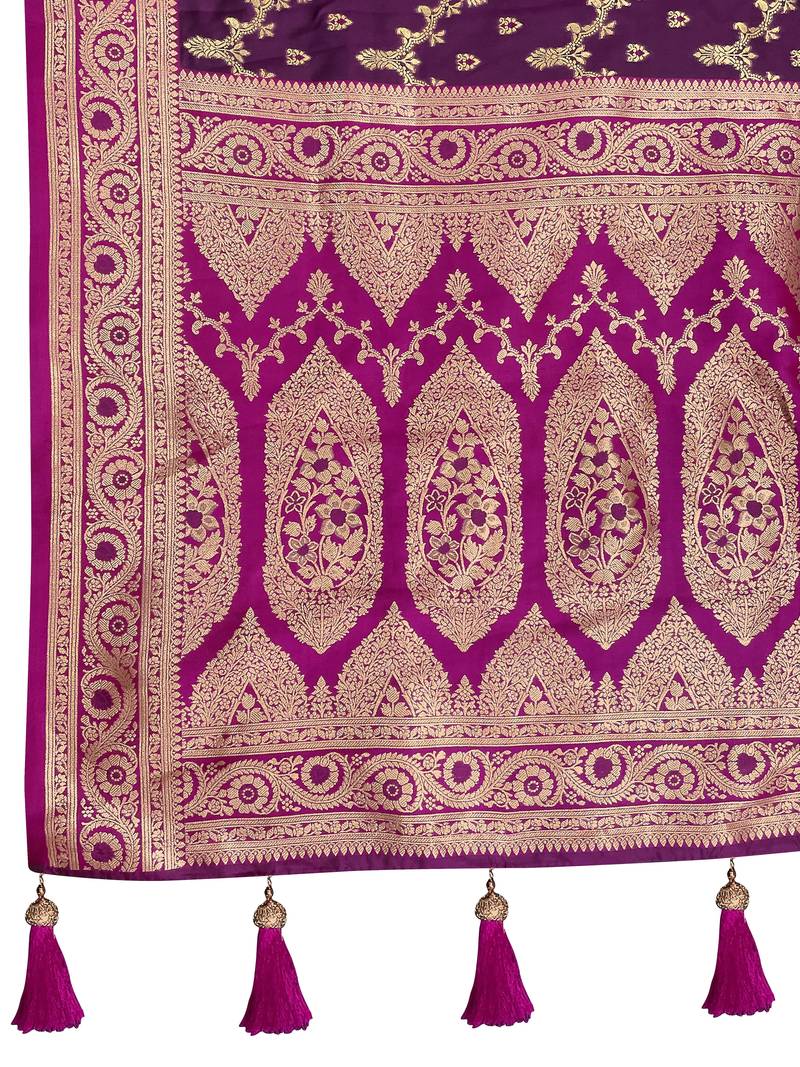 banarasi satin silk blend woven wine purple & dark pink saree with heavy jacquard work saree with blouse piece