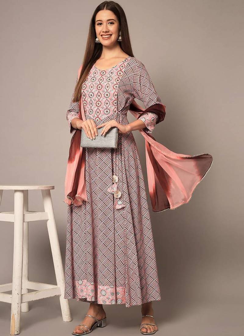 Baby Pink Anarkali Kurta Pants With Dupatta