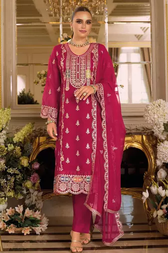 Magenta embroidered chinon semi-stitched pakistani salwar suit