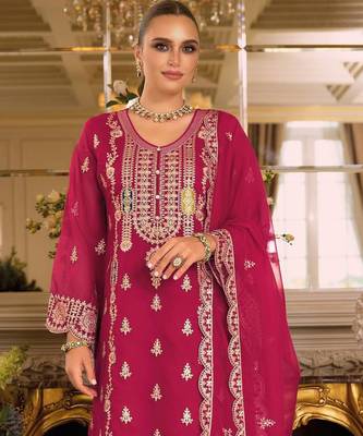 Magenta embroidered chinon stitched salwar suit 2