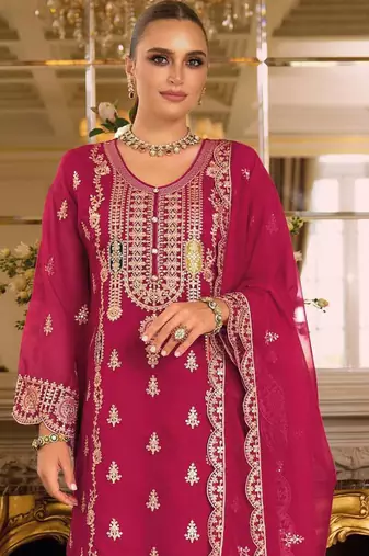 Magenta embroidered chinon stitched salwar suit