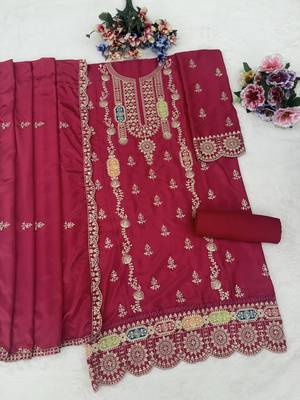 Magenta embroidered chinon stitched salwar suit 3