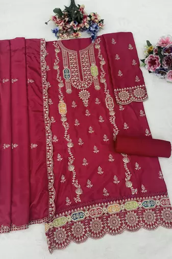 Magenta embroidered chinon stitched salwar suit