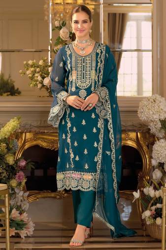 Teal embroidered chinon semi-stitched pakistani salwar suit