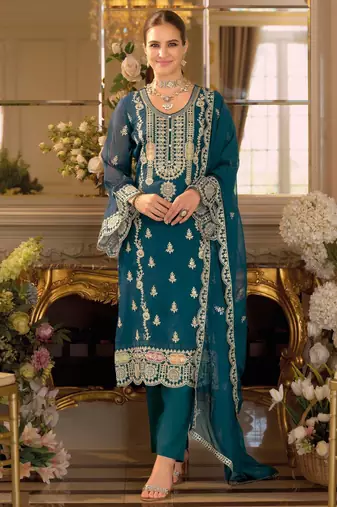 Teal embroidered chinon semi-stitched pakistani salwar suit
