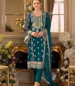 Teal embroidered chinon semi-stitched pakistani salwar suit