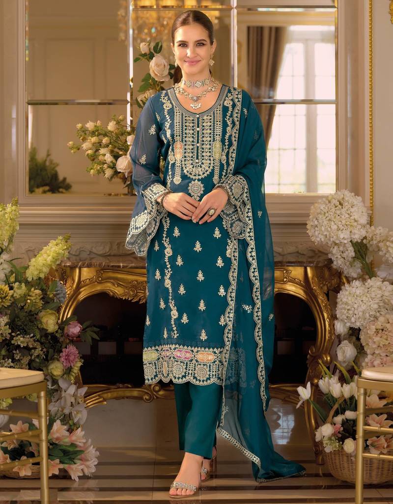 Teal embroidered chinon semi-stitched pakistani salwar suit