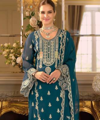 Teal embroidered chinon stitched salwar suit 2