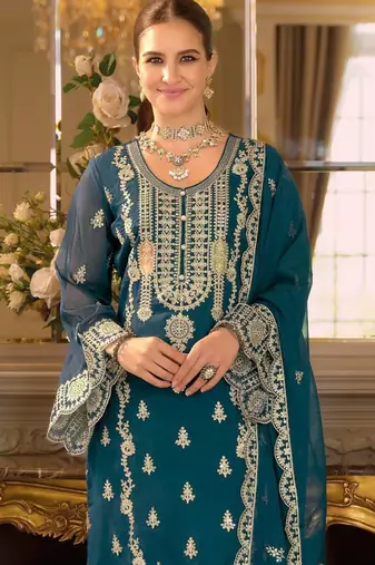 Teal embroidered chinon stitched salwar suit