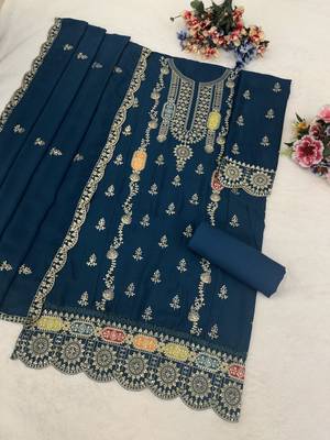 Teal embroidered chinon stitched salwar suit 3