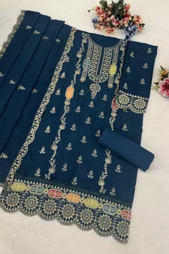 Teal embroidered chinon stitched salwar suit