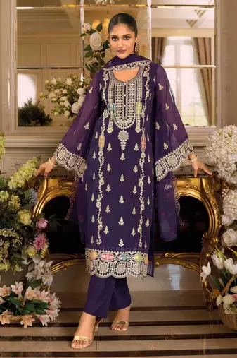 Purple embroidered chinon semi-stitched pakistani salwar suit